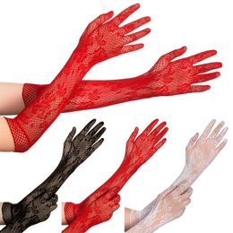 Five Fingers Gloves Ladies Sexy Mesh Stretchy Floral Bride Long Lace Liturgy Gothic Punk Mittens Fancy Dress Christmas Halloween