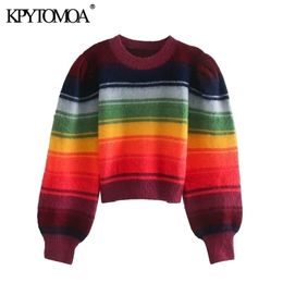 KPYTOMOA Women Fashion Colour Striped Cropped Knitted Sweater Vintage O Neck Long Sleeve Female Pullovers Chic Tops 201204