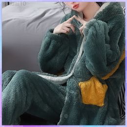 Warm Cartoon Hooded Women Pyjama Thicken Garments With Pants Plush Coral Fleece Nightwear Plus Size Winter Home Clothing Pijama L220803
