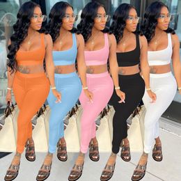 Summer Solid Colors Tracksuits For Womens Sleeveless Backless Vest Crop Tops And Slim Pants Casual Thin Sexy 2 Piece Sets JP1037