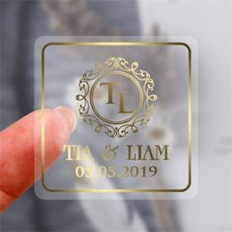 100pcsLot Personalised Custom Clear Transparent Gold Foil Silver Business Wedding Stickers 220618