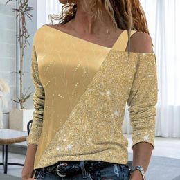 Women's Blouses & Shirts Gold Block Colour Stitching Sequin Shiny Blouse Women Off Shoulder Sling Top Shirt 2022 Spring Autumn Skew Collar Of