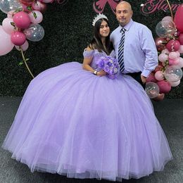 2022 Luxurious Beading Off The Shoulder Quinceanera Dresses Lilac Ball Gowns Bling Tulle Girls Sweet 16 Dress Puffy Corset Back