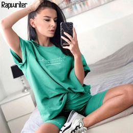 Rapwriter Summer Two Piece Set Letter Print Tracksuit Women Oversize T Shirt And Biker Shorts Set Sweatsuit Casual Clothes 210302