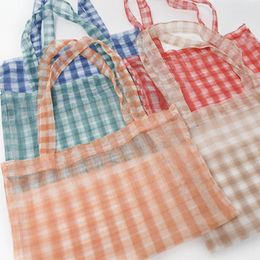 Storage Bags Summer Cute Simple Gauze Lattice Mesh Cheque Bag Shoulder Ins Wind Wild Daily Square Foldable Shopping BagStorage