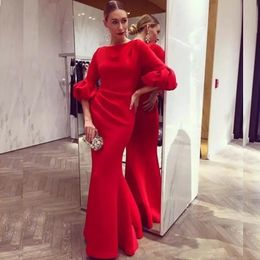 Elegant Red Long Mermaid Evening Dress 1/2 Puffy Sleeves Jewel Neck Prom Floor Length Red Carpet Formal Dresses Party Gowns