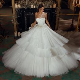 Gorgeous Ball Gown Wedding Dresses One Shoulder Neckline Beaded Bridal Gowns Tiered Sweep Train Tulle Vestido De Novia