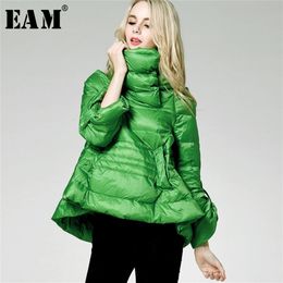 EAM Loose Fit Multicolor Green Down Jacket Stand Collar Long Sleeve Warm Women Parkas Fashion Spring Autumn 1B811 201214
