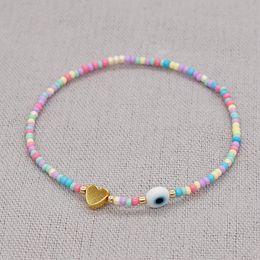 20pcs/lot Fashion Jewellery Colourful Seed Beaded Golden Heart Charm Strands Bracelet White Glazed Evil Eye Bracelets for Women Lovers