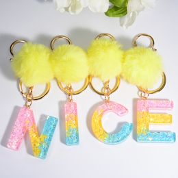 Rainbow Colour Key Chain 26 English Alphabet Resin Letters Pendant With Plush Ball Charms Jewellery Bag Car Keyring For Women Girls