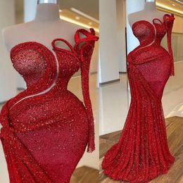 long white one handed dresses UK - Arabic Aso Ebi Red Mermaid Sparkly Prom Dresses one-shoulder Sequined Lace Evening Party Second Reception Birthday Engagement Gowns Dress