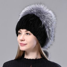 Berets Natural Fur Hats Women Winter Warm Fluffy Knitted Mink 3 Balls Stylish Female Snow Caps