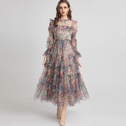 Women's Runway Dresses O Neck Printed Long Sleeves Ruffles Elegant Fashion Party Vestidos