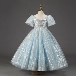 2023 Cute Light Sky Blue Girls Pageant Dresses Princess Tulle Lace sequined Pearls Kids Flower Girl Dress Ball Gown Birthday Gowns Floor Length Hand Made Flowers