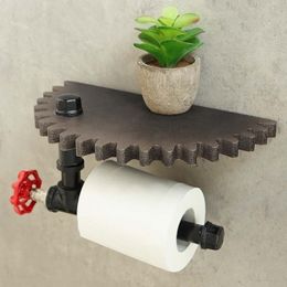 Retro Industrial Style Bathroom Toilet Paper Holder Roller Wood Gear Wall Shelf Mount Metal WC Rack Y200108