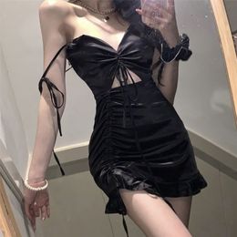 Sexy Black Satin dress Bodycon party elegant summer Knot strap casual vintage Evening vestidos Streetwear XL 220402