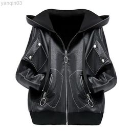 Spring Autumn Womens PU Leather Coats Trendy Loose Large Size Lady Jackets Female Outerwear Fashion Hooded New Arrivals Mujer L220801