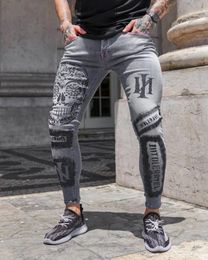 High Qulity Print Jeans Stretch Grey 3XL Trouser Fashion Slim Fit Washed Motocycle Denim Pants Pencil Leg Hip HOP Trousers