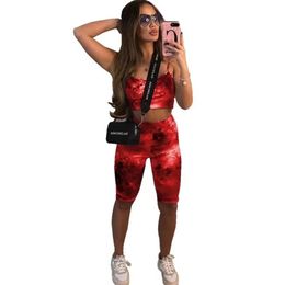 Tie Dye Tracksuit Workout Matching Sets Women Two Piece Outfits Sleeveless Tank Crop Top Skinny Knee Length Pants Cool BF Style 210525