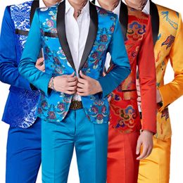 Fashion Men's Casual Business Host Flower Suit Coat Pants 2 Pcs Set/ Men's Colourful Slim Fit Blazers Jacket Trousers 220504