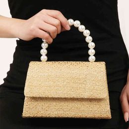 Evening Bags Handbag Designer Women Tote Luxury Pearl Grass Woven Shoulder Bag Girl Sweet Party Holiday Beach Crossbody Bag Purses 220629