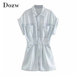 Fashion Light Blue Color Denim Jumpsuit Women Summer Batwing Short Sleeve Loose Playsuit Female Pockets Casual Jumpsuits 210515