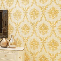 European style non-woven wallpaper classic damask pattern foaming wall paper roll wallcovering luxury wallpaper yellow