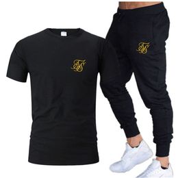 Summer Fashion Leisure Sik Silk brand Men's Set Tracksuit Sportswear Male Sweatsuit Short Sleeves T-shirt and Pants 2 piece set 220609