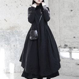 EAM New Spring Winter Ruffled Collar Long Sleeve Black Irregular Big Hem Fold Loose Long Dres Fashion JI098 201008