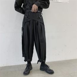 Men Japan Streetwear Punk Gothic Bandage Casual Harem Pant Male Vintage Hip Hop Wide Leg Trousers Stage Clothing Kimono Pant 201128