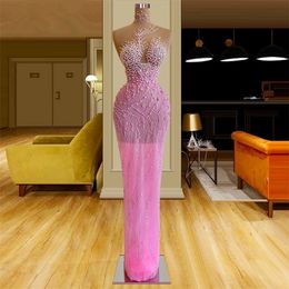 Charming Pink Pearls Mermaid Prom Dresses Beaded High Neck Evening Dress Custom Made Crystals Sleeveless Illusion Women Formal Celebrity Party Gown