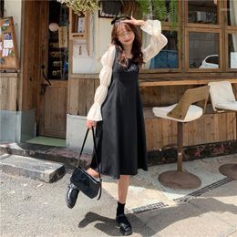 Casual Dresses Real S 2022 - Autumn Korean Fashion French Style Slim Square Collar Splicing Sleeve Long Dress For Women