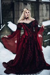 Vintage Burgundy And Black Mediaeval Wedding Dress Renaissance Victorian Gothic Bridal Ball Gowns Off The Shoulder Long Sleeve Wedding Dresses