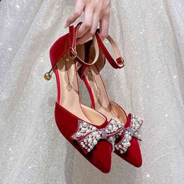 Rimocy Fashion Pearl Bow Pumps Women Shiny Crystal Ankle Strap High Heels Shoes Woman Sexy Pointed Toe Thin Heeled Wedding 220528