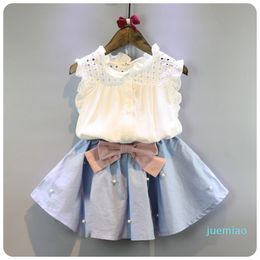 Fashion-2-8 Years Kids Clothes for Girls The Bow Skirt and Lace Top Summer Suit Korean Style Children's Clothing Sets Baby Toddler Set