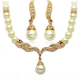 Earrings & Necklace Creative Gold Colour And 1 Pair Wedding Bridal Pearl Jewellery Set For Women Lady FemaleEarrings