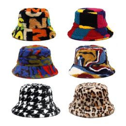 Berets Winter Bucket Hats Fluffy Fur Men Women Panama Hat Fashion Warm Fisherman Cap Letter Rainbow Houndstooth Leopard Printed