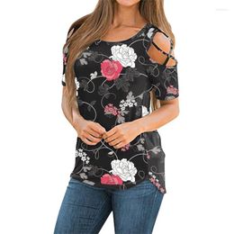 Women's T-Shirt Womens Summer Rose Floral Print T-shirts Short Sleeve Tunic Strappy Cold Shoulder Aesthetic Tee Tops Vetement Femme 2022 A40