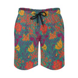 Men's Shorts Gold Yellow Red Roses Honeysuckles Irises Green Leaves Men'S Swim Trunks Sports Beach Surfing Pockets And MeshMen's