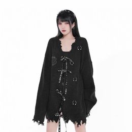Women's Jackets Autumn Winter Harajuku Rock Punk Gothic Rivet Leather Webbing V-neck Black Girl Loose Long Sleeve Fashion Knitting Coat
