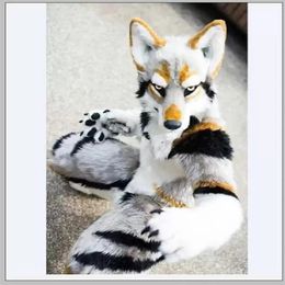 high quality Husky Dog Fox Mascot Costume Long Fur Furry Costume Artificial fur Wolf Halloween Suit