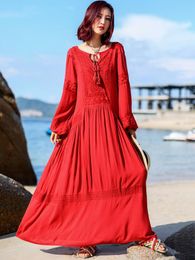 boho maxi dress Canada - Casual Dresses Jastie 2022 Retro Embroidery Maxi Dress Women Spring Solid Color Lace-up O Neck Long Sleeve Vestidos Boho Beach DressesCasual