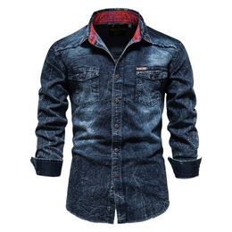 AIOPESON 100% Cotton Slim Fit Denim Shirts Men Casual Solid Color Long Sleeve s Jeans Autumn Fashion for 220330