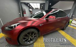 Top Quality Deep Romantic Red Satin Chrome Vinyl CAR Wrap Film sticker Wrapping Covering Foil Low tack glue 3M quality 1.52x20m Roll 5x65ft