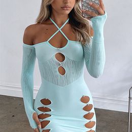 FUFUCAILLM Women Bodycon Dress Party Hanging Neck Spring Fall Casual Wrapped Cutout Clubwear Mini es 220613