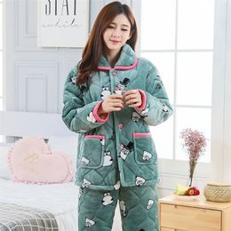 Pyjamas women's winter flannel three-layer cotton and plush thickened warm jacket suit home clothes 220329