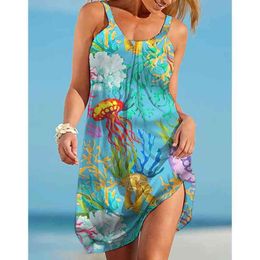 Sea Octopus Print Beach Dress Midi Women Fashion Sexy Dress Bohemian Strap Sleeveles Party Dresses Hem Evening Beach Sundress G220510