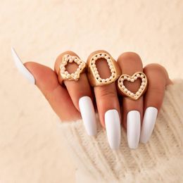 Cluster Rings 3pcs/sets Luxury Pearl Stone Heart Joint Ring Sets For Women Hollow Geometric Gold Colour Alloy Metal Jewellery 18149