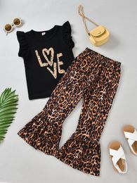 Toddler Girls Leopard & Letter Graphic Flutter Sleeve Top & Flare Leg Pants SHE