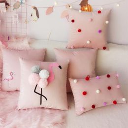 Cushion/Decorative Pillow 45x45/50x30cm Pink Wool Balls Embroidered Cushion Cover Sofa Flamingo Velvet Throw Lumbar PillowcaseCushion/Decora